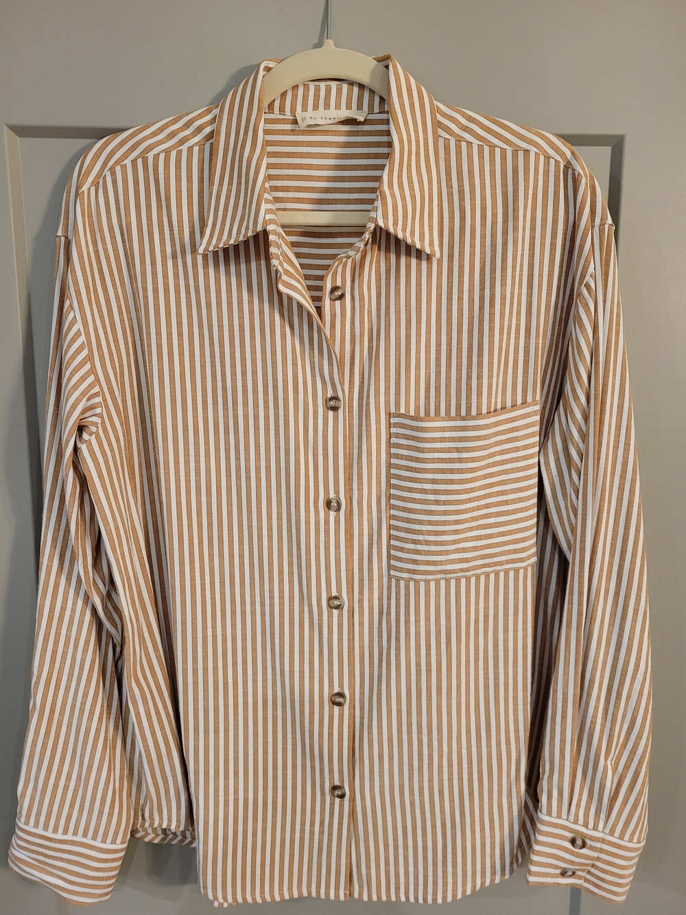 By Together Tan and White Striped Oversized Button Up Shirt - Size S